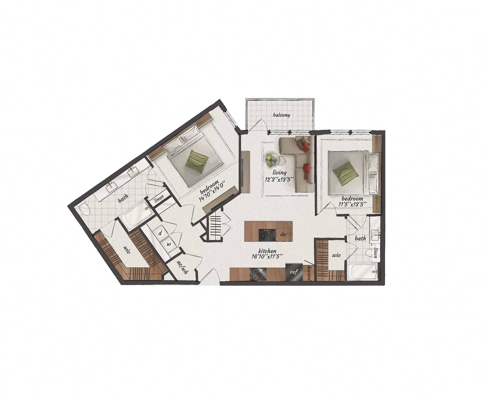 2 Bedroom, 2 Bathroom, 1050 Square Feet - B4 Floorplan at St. Elmo Apartments in Austin, TX