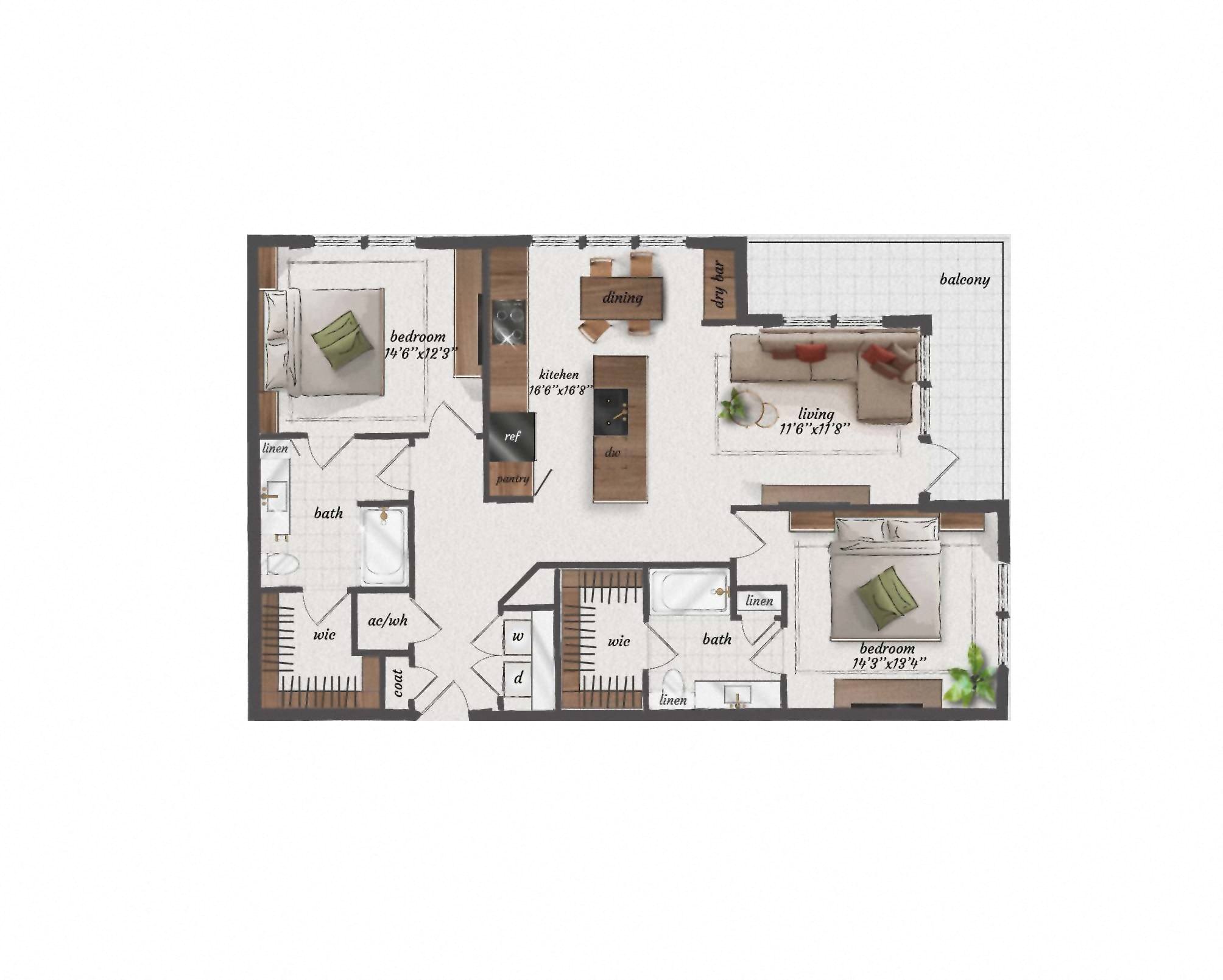 2 Bedroom, 2 Bathroom, 1285 Square Feet - B7 Floorplan at St. Elmo Apartments in Austin, TX