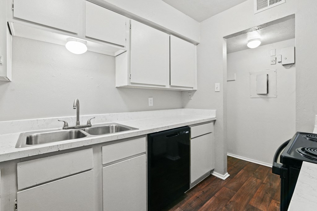a kitchen with white cabinets and a black dishwasher