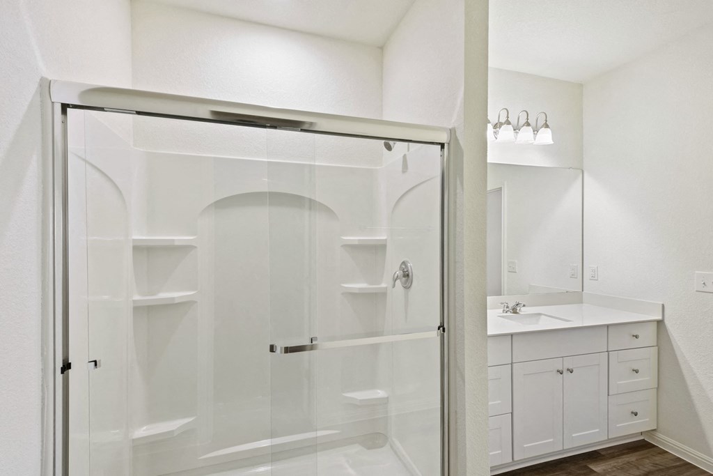 master bathroom with a shower and white furnitures
