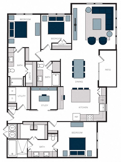 "C1" 3 Bedroom 3 Bath Floor Plan Layout at The Alastair at Aria Village, Sandy Springs