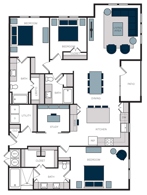 "C2" 3 Bedroom 3 Bath Floor Plan Layout at The Alastair at Aria Village, Georgia