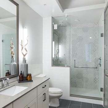 Walk-in Showers with built-in bench and glass enclosure, rainfall, handheld and standard showerheads*