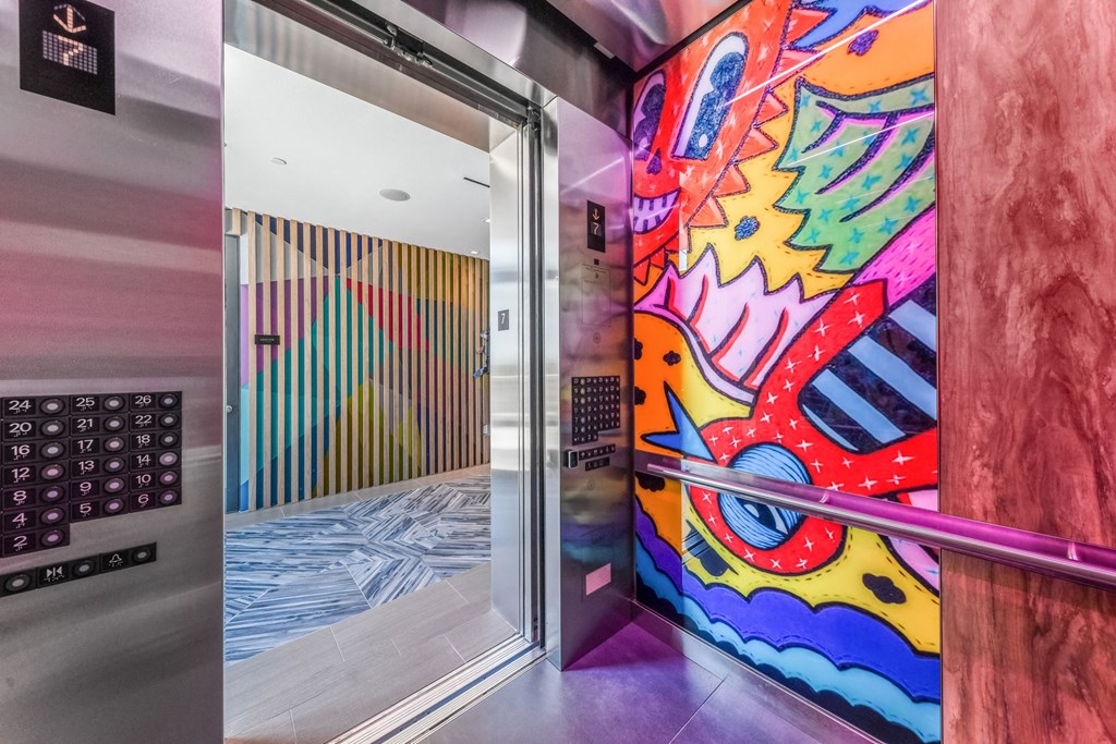 Elevator Murals at The Hamilton at The Epic in Deep Ellum, Dallas, Texas, TX