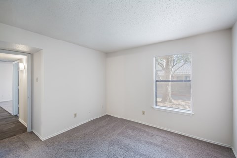 A room with a window and a carpeted floor.