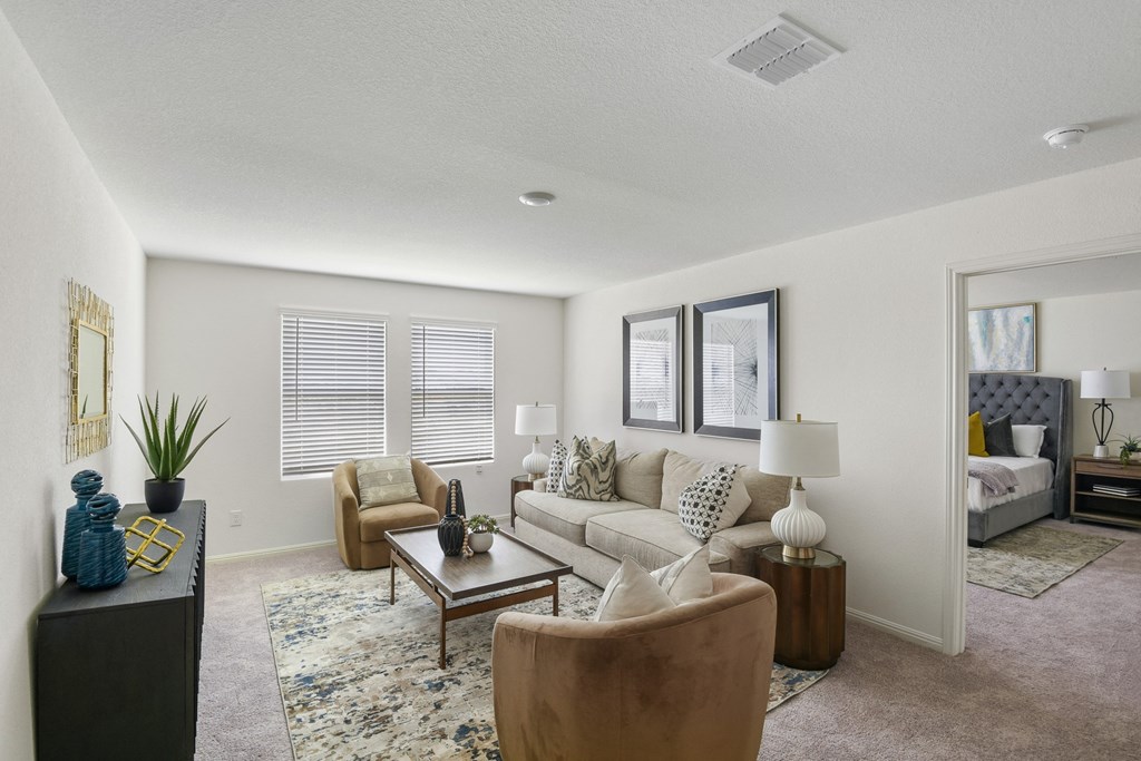 a living room with a couch chair and coffee table at Beacon at Vine Creek, Pflugerville, TX, 78660