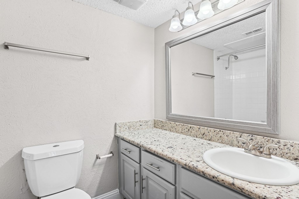 B1 a white toilet sits next to a sink in a bathroom at Vine Apartments in Arlington, TX