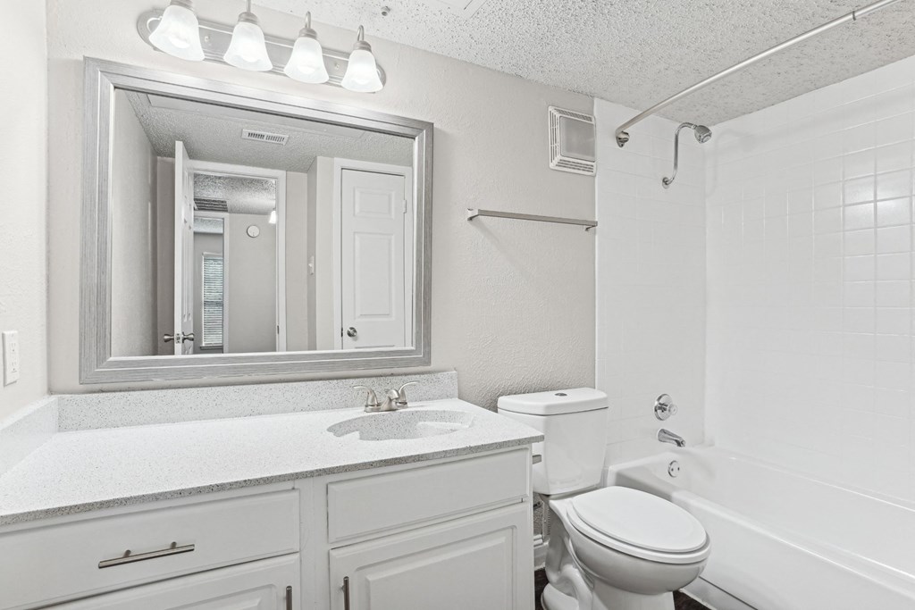Upgraded A1 white bathroom with a toilet, sink, and mirror at Vine Apartments in Arlington, TX