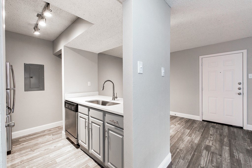 A2 kitchen with a white sink and grey cabinets at Vine Apartments in Arlington, TX
