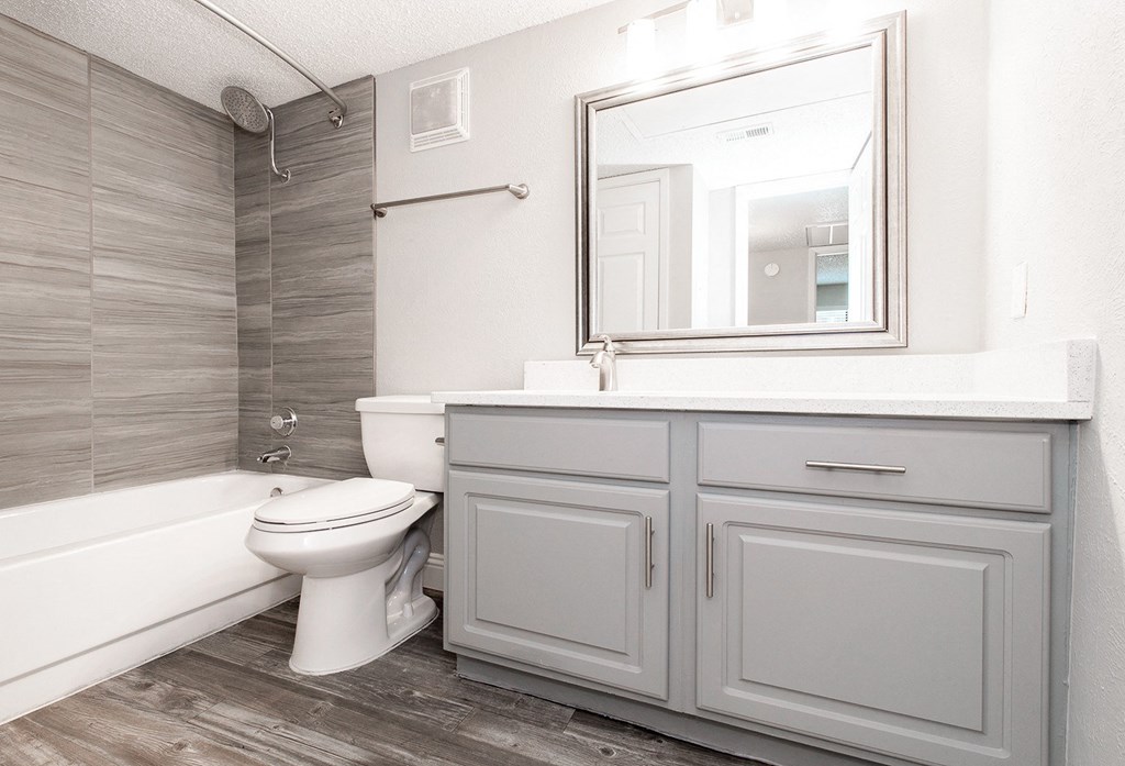 A2 upgraded apartment bathroom white toilet sits next to a bathtub and large vanity at Vine Apartments in Arlington, TX