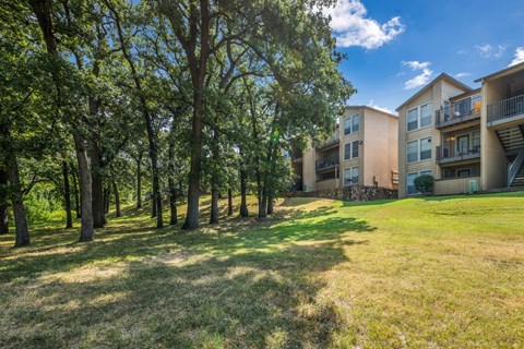 A grassy area with trees and apartment buildings in the background.