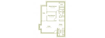 2D photo of B1 floor plan with one bedroom and a den, and one bathroom, at Westdale Parke Apartments in Austin, TX