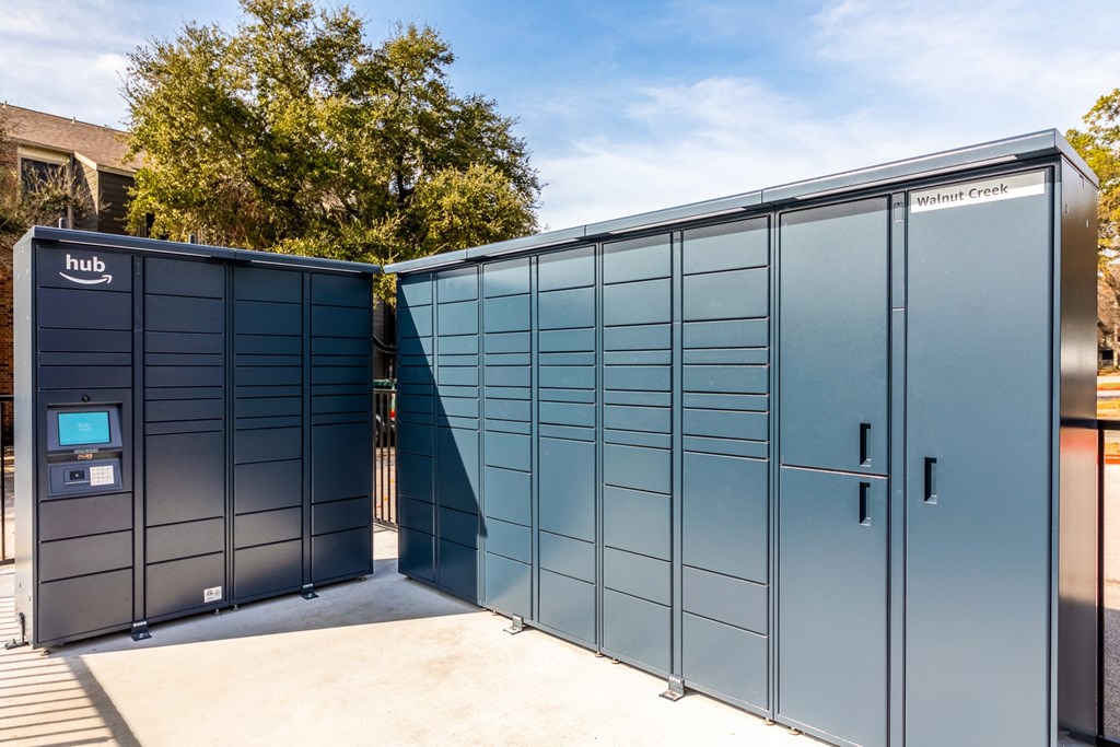 Amazon Hub package lockers at Walnut Creek Crossing Apartments, in Austin, Texas