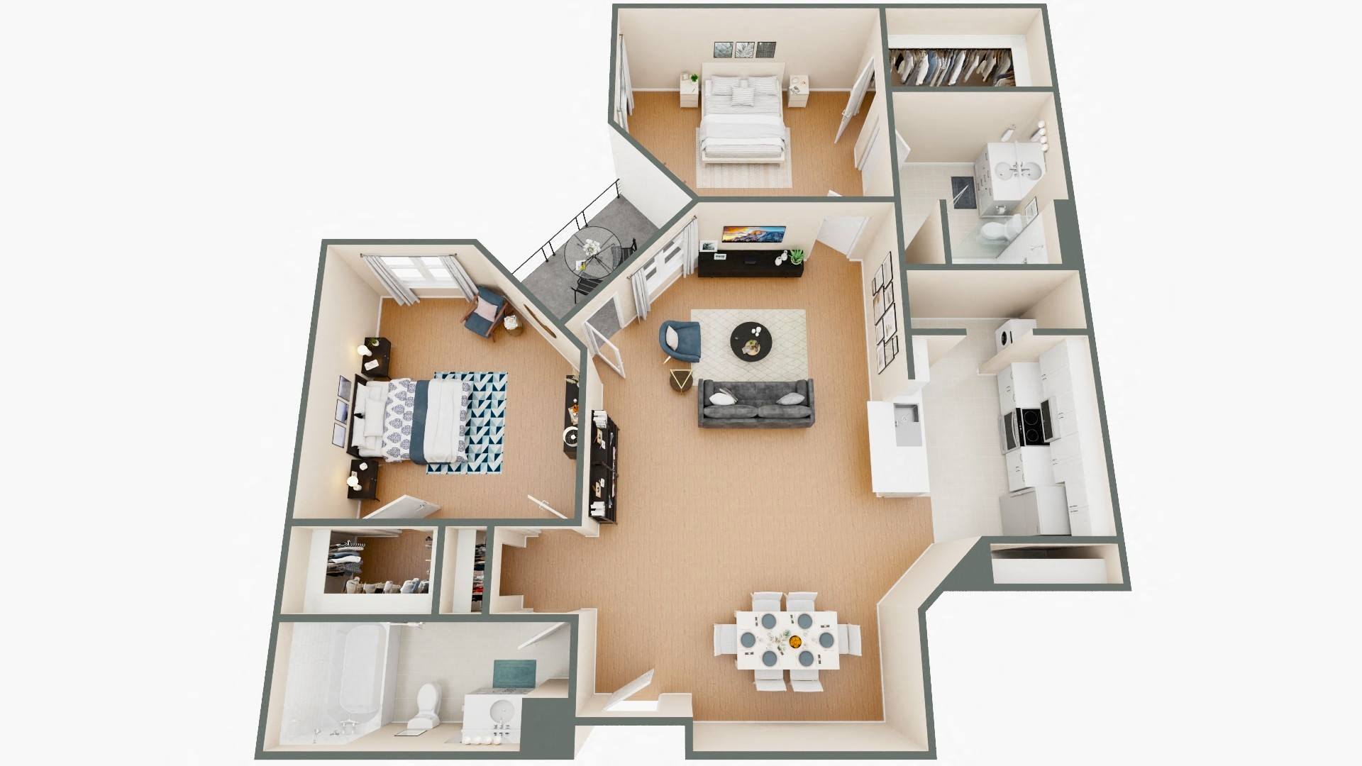 A top-down view of a house layout with a kitchen, living room, and two bedrooms.