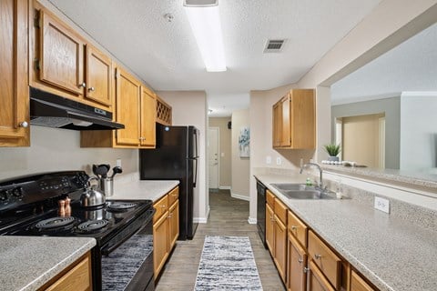 our apartments have a modern kitchen with wood cabinets and granite counter tops