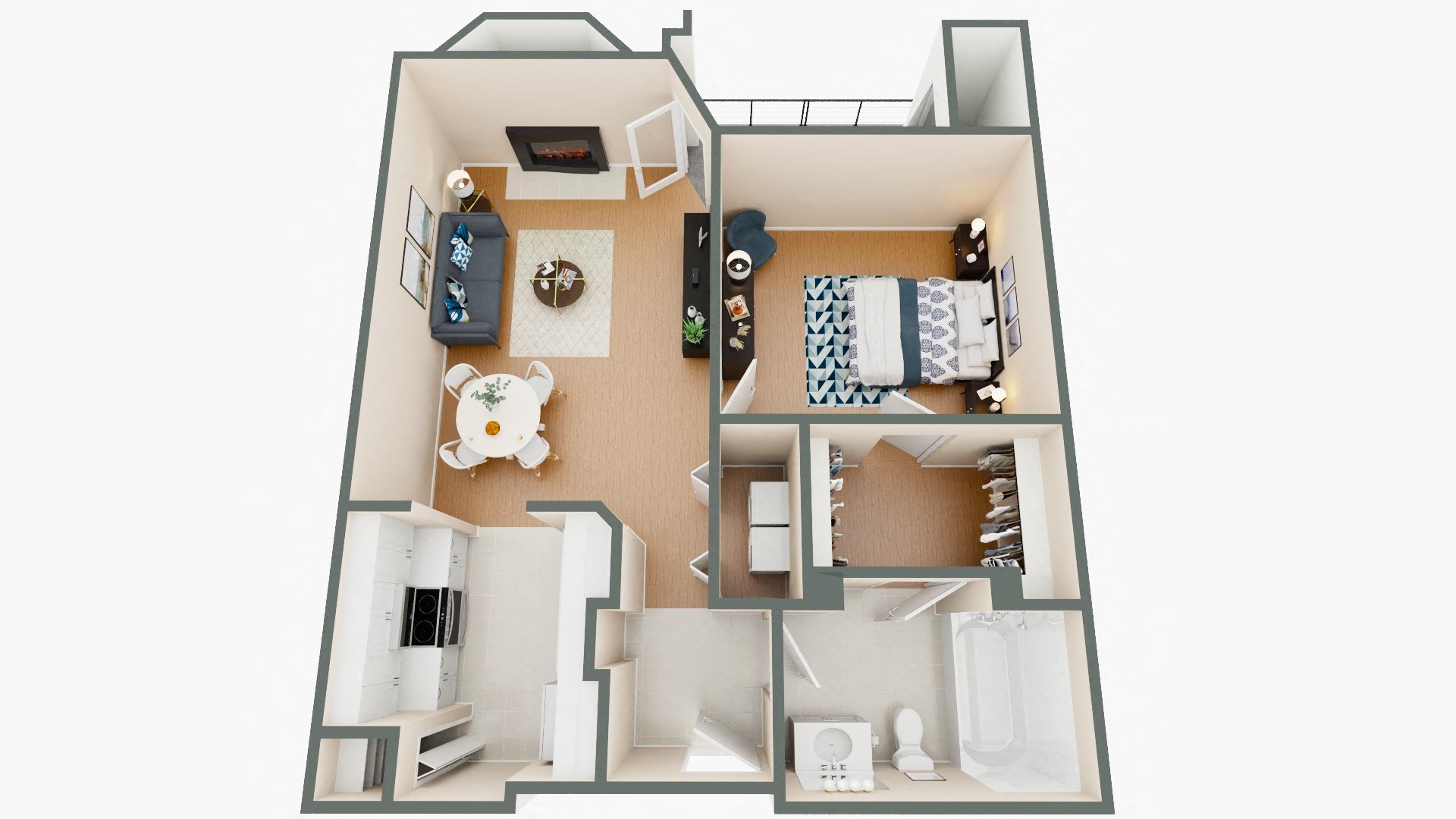 A top down view of a small apartment with a kitchen, living room, and bedroom.