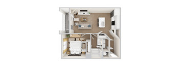 A 3D rendered apartment floor plan for Woodgate Place's A1