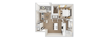A 3D rendered apartment floor plan for Woodgate Place's A2