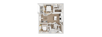 A 3D rendered apartment floor plan for Woodgate Place's B1