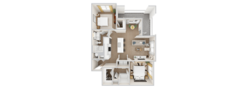 A 3D rendered apartment floor plan for Woodgate Place's B2