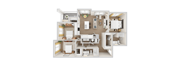 A 3D rendered apartment floor plan for Woodgate Place's C1