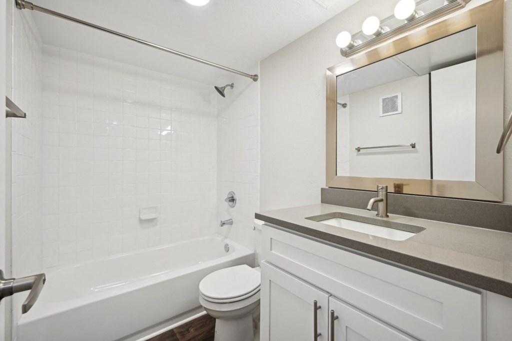 a bathroom with a sink and a toilet and a tub at Woodlands of Plano