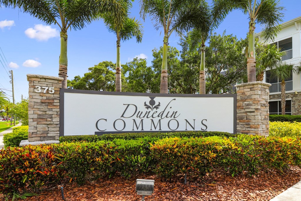 Property signage at Dunedin Commons apartments in Dunedin, FL