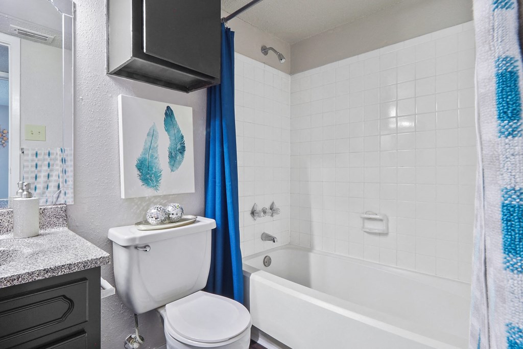 a bathroom with a white toilet next to a white bathtub