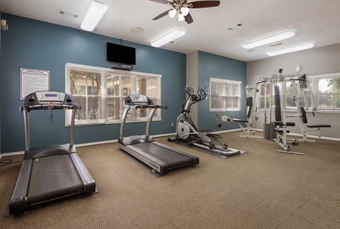 the gym has plenty of exercise equipment and windows
