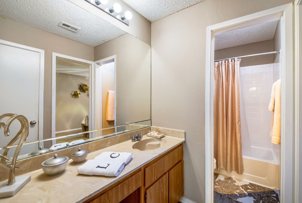 a bathroom with a shower and a sink and a mirror