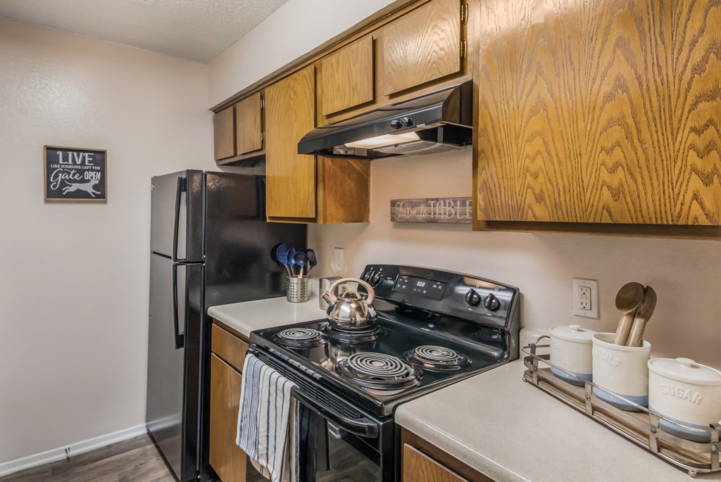 a kitchen with a stove and refrigerator and wooden cabinets