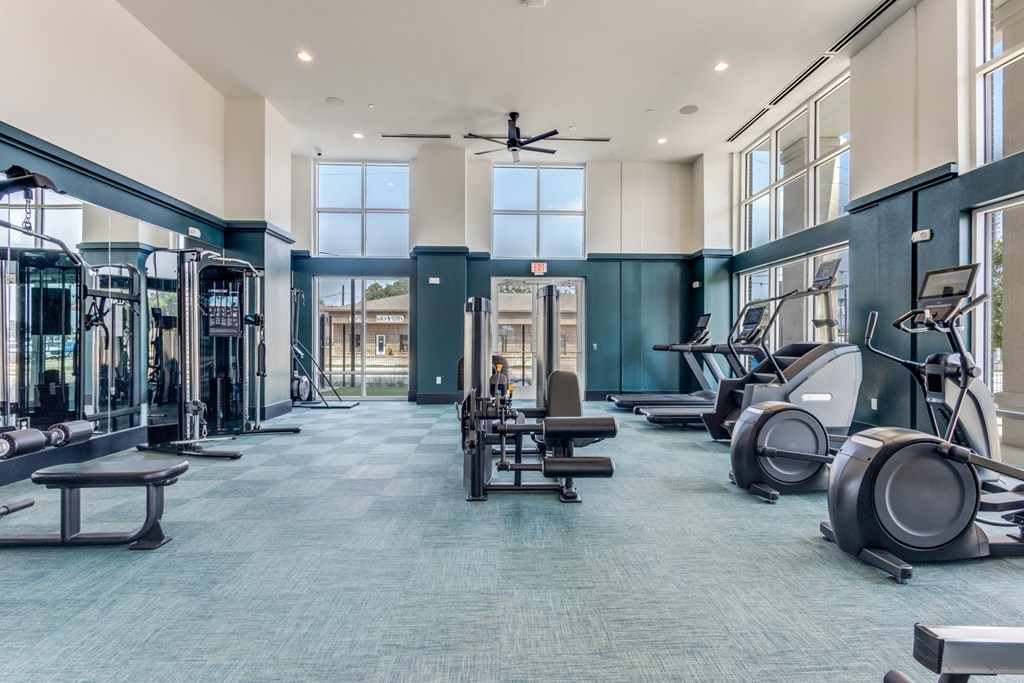 Wide shot of the gym at Era Apartments in Denton, TX