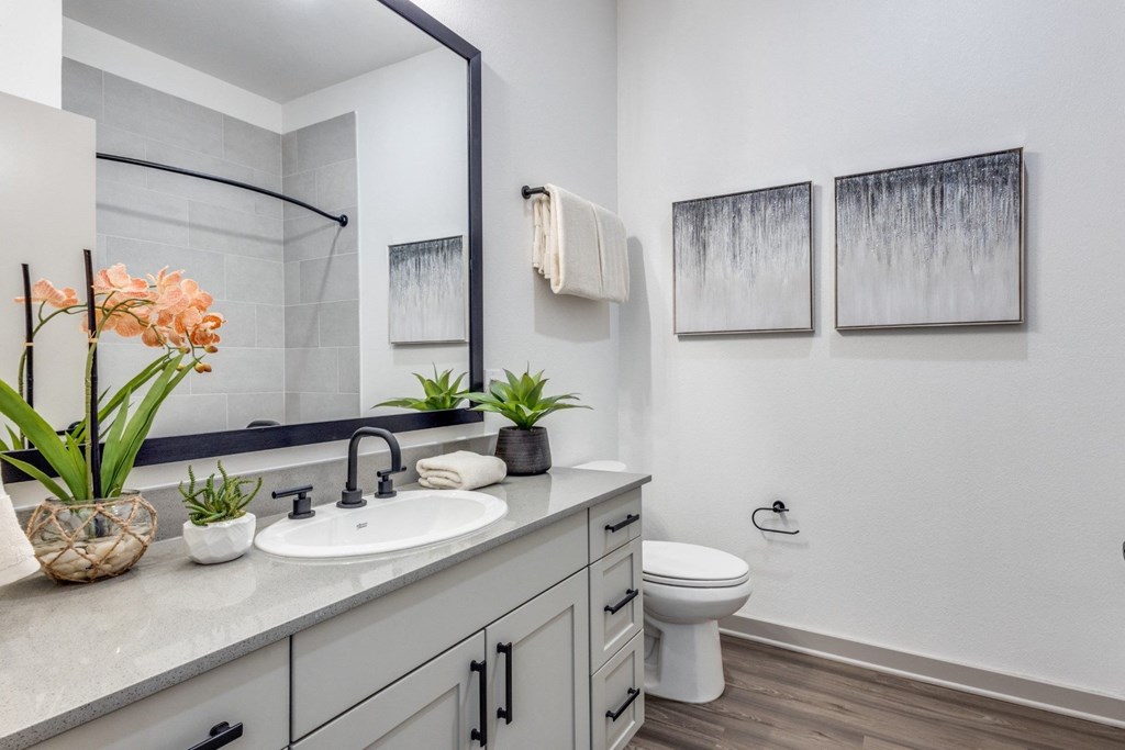 Model Studio bathroom with a toilet, spacious vanity sink and a mirror at Era Apartments in Denton, TX