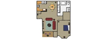 A floor plan of a house with a living room, kitchen, and bathroom.