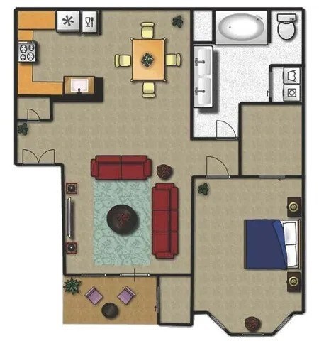 A floor plan of a house with a living room, kitchen, and bathroom.