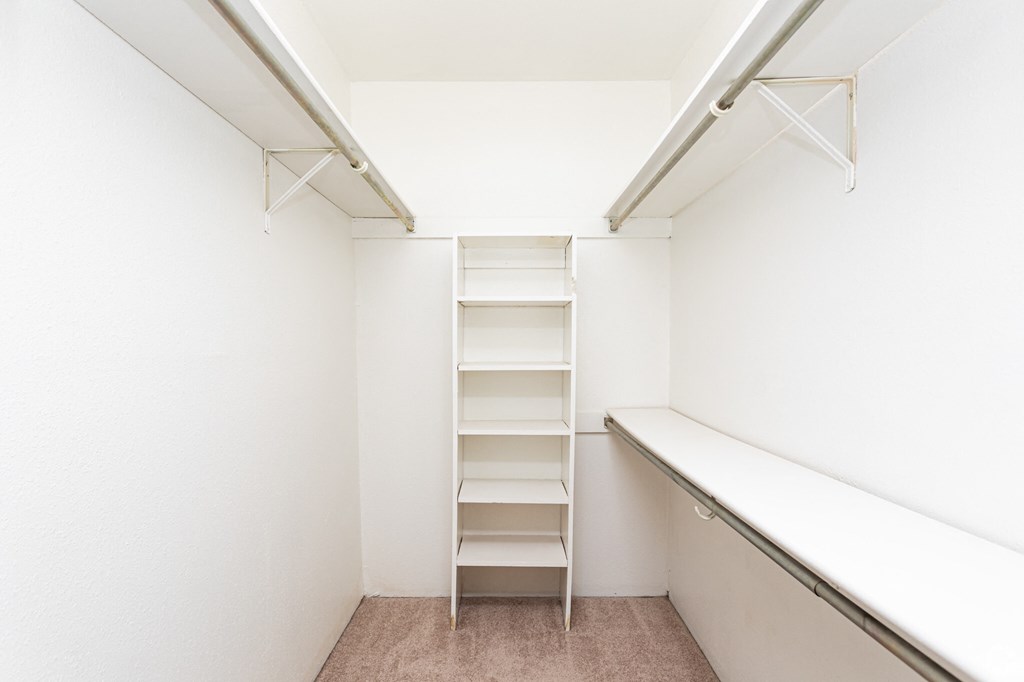 a walk in closet with shelves and a window