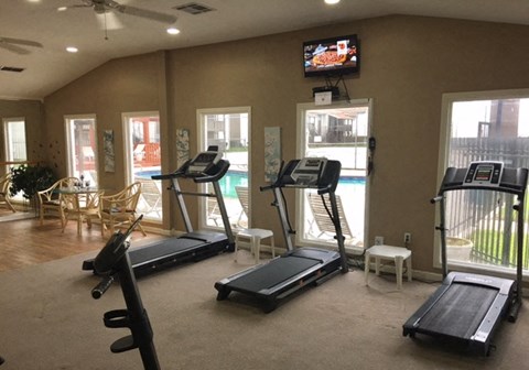 the fitness center has plenty of exercise equipment and a tv
