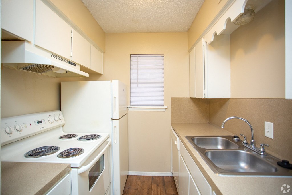 a kitchen with a stove and sink and a refrigerator
