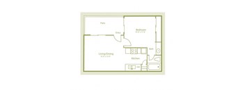 2D photo of A1 floor plan at 480sqft, 1 bed and 1 bath, at Westdale Parke Apartments in Austin, TX