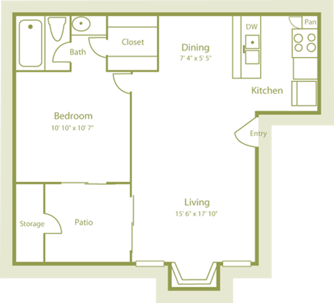 2d photo of A2 floor plan with 1 bed and 1 bath, 570sqft at Westdale Parke Apartments in Austin, TX