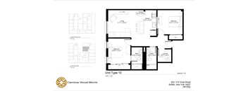 A floor plan for a Carmina-Wood Morris unit shows a living room, kitchen, and bedrooms.