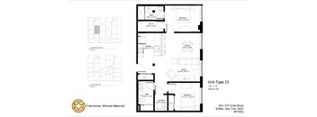 A floor plan for a unit at Carmina Wood Morris shows a living room, kitchen, and two bedrooms.
