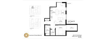 A floor plan for Unit Type 24 at Carmina-Wood Morris shows a layout with a living room, dining room, kitchen, and two bathrooms.