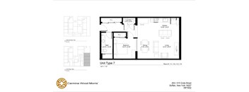 A floor plan for Unit Type 7 at Carmina Wood Morris, showing a living room, dining room, kitchen, and two bathrooms.