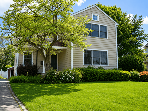 A house with a green lawn and a tree in front.
