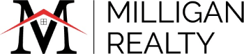 The image is a logo for Milligan Realty, featuring a stylized