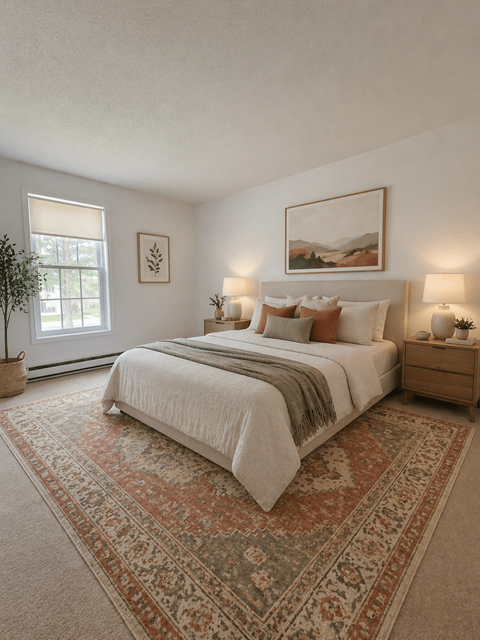 A bedroom with a large bed and a rug on the floor.