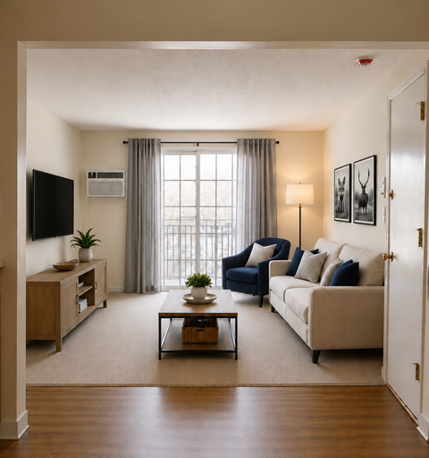 A living room with a blue chair and a white couch.