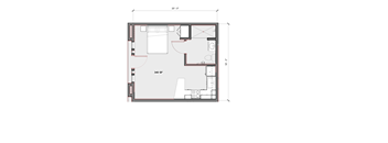 A floor plan of a house with a kitchen, living room, and bathroom.