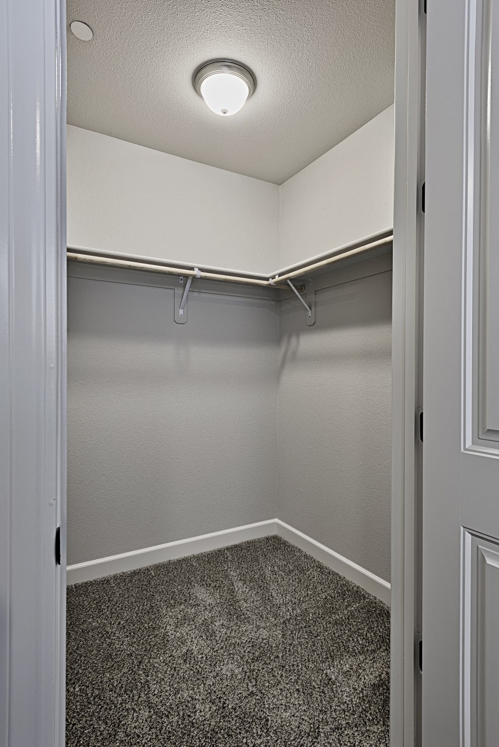an empty basement with a closet and a light on the ceiling